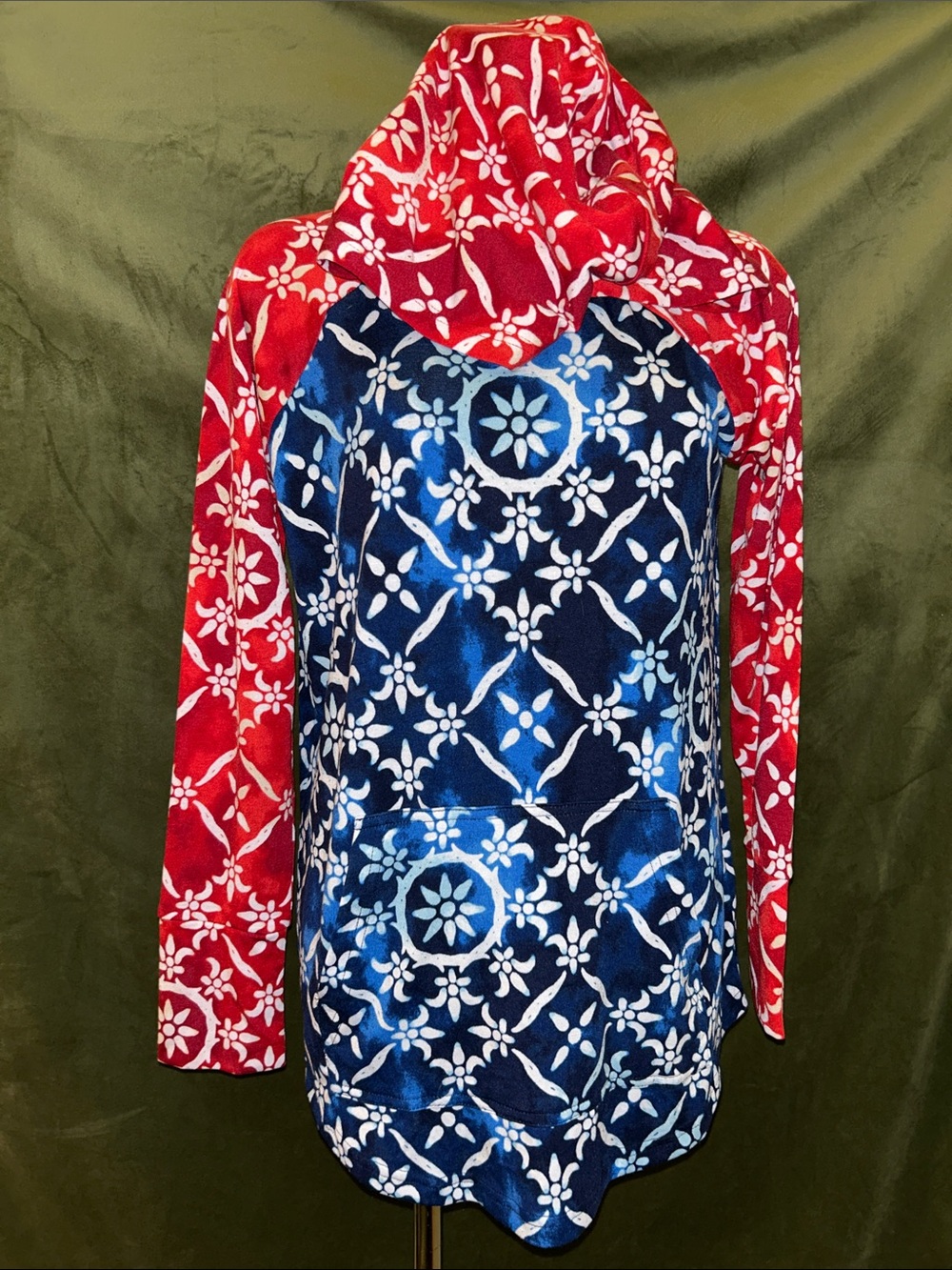 LuLaRoe Women’s Hooded Top Navy Blue Body with Red Sleeves & Hood
